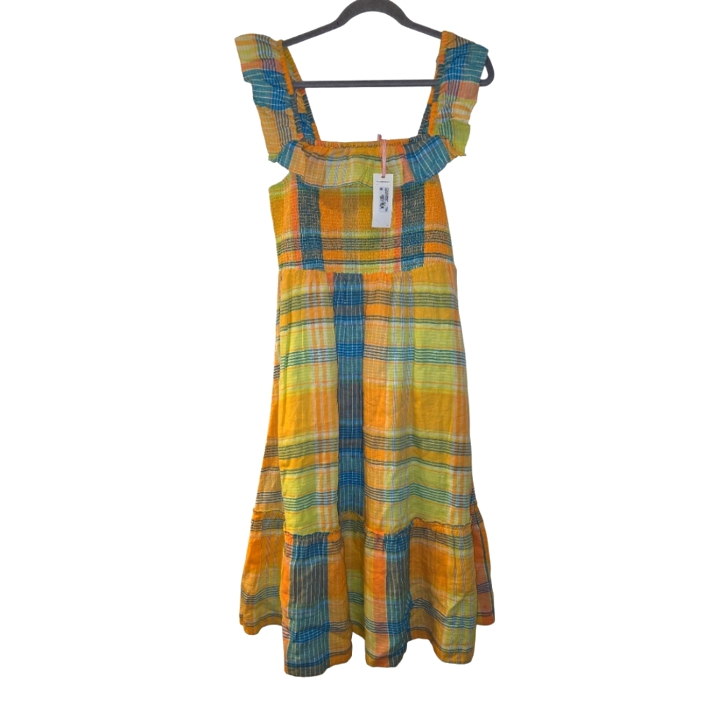 Vineyard Vines, NWT, Smocked Midi Dress, Plaid Lemon Tart, Linen, Women's Sz M,